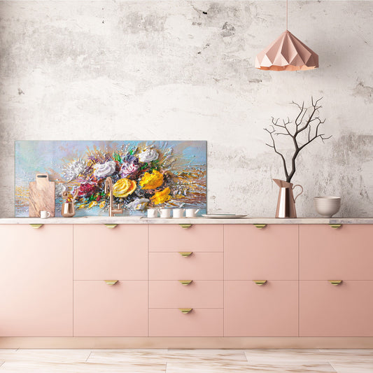 Large format horizontal backsplash - magnetic and non magnetic tempered glass: Painted flower pots