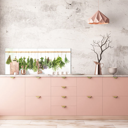 Large format horizontal backsplash - magnetic and non magnetic tempered glass: Hanging Fresh herbs
