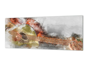 Glass splashback with metal backing in wide format - Kitchen tempered glass panel: Guitarist in first place