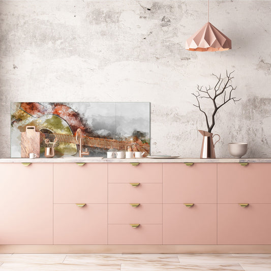 Glass splashback with metal backing in wide format - Kitchen tempered glass panel: Guitarist in first place