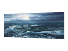 Glass splashback with metal backing in wide format - Kitchen tempered glass panel: Ocean waves painting