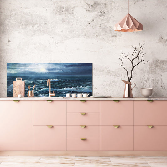 Glass splashback with metal backing in wide format - Kitchen tempered glass panel: Ocean waves painting