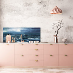 Glass splashback with metal backing in wide format - Kitchen tempered glass panel: Ocean waves painting