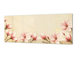 Glass splashback with metal backing in wide format - Kitchen tempered glass panel: Magnolia flowers Vector