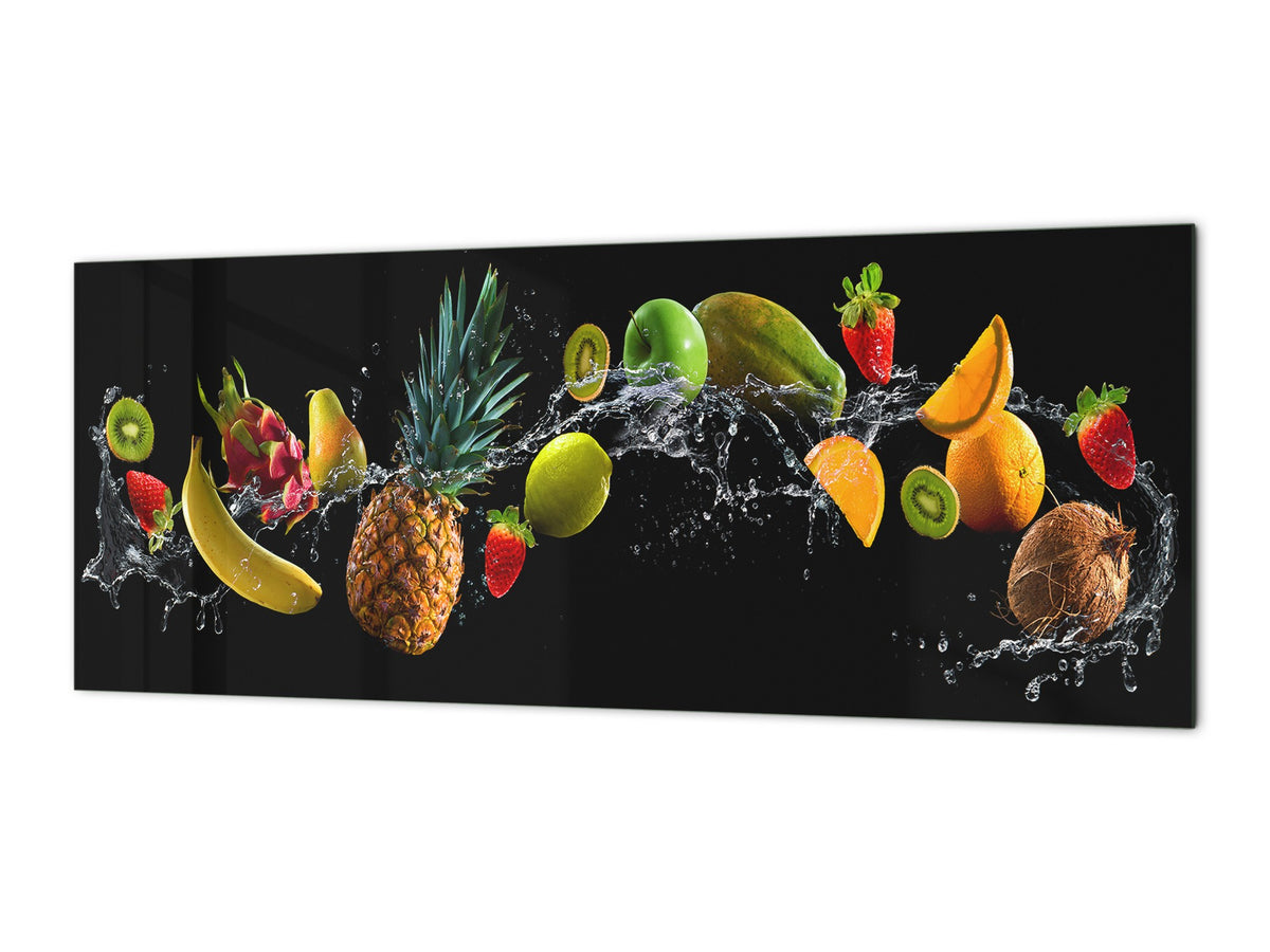 Glass splashback with metal backing in wide format - Kitchen tempered glass panel: Fruit splash on black