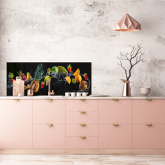 Glass splashback with metal backing in wide format - Kitchen tempered glass panel: Fruit splash on black