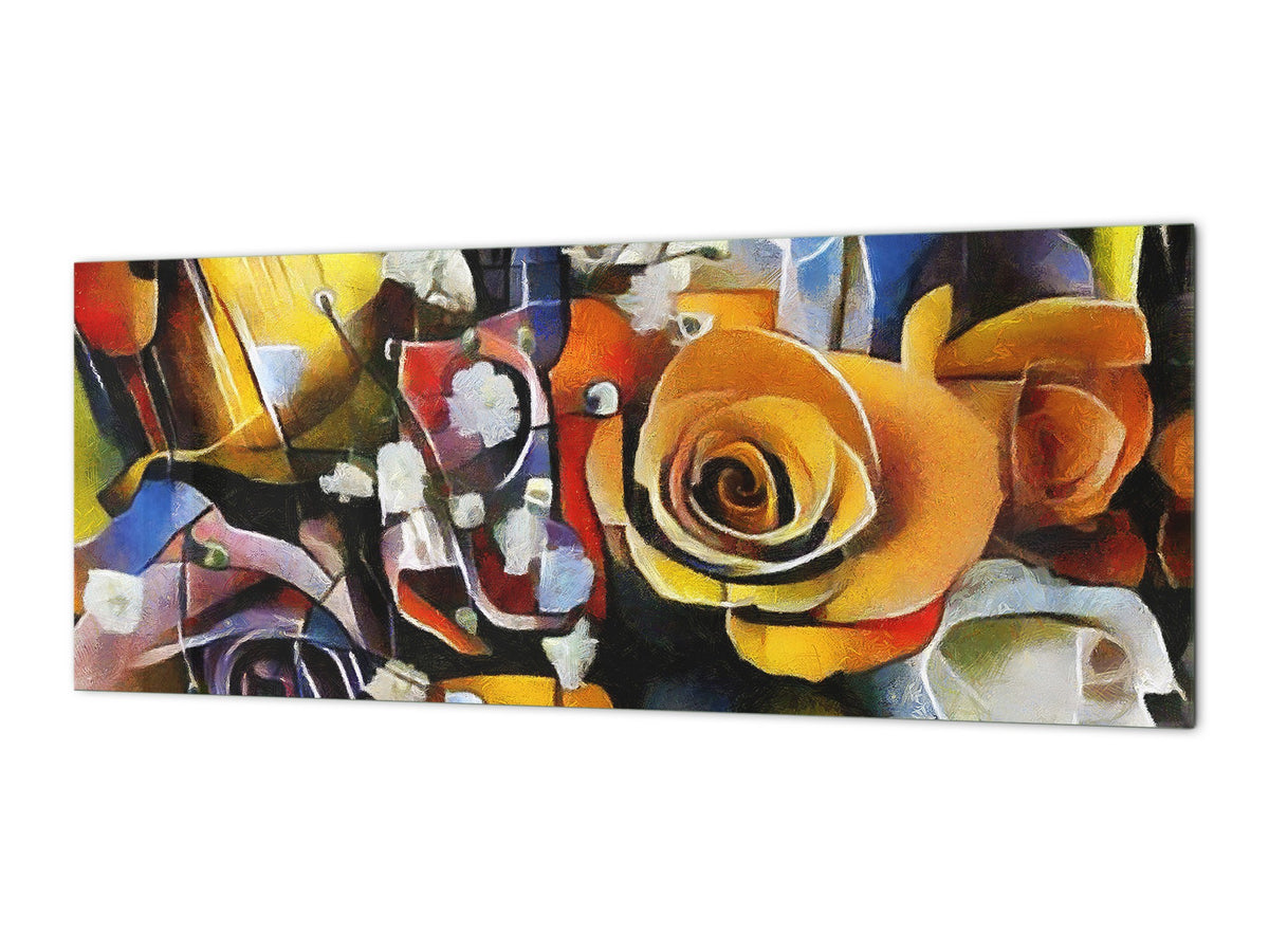 Glass splashback with metal backing in wide format - Kitchen tempered glass panel: Flowers - Picasso and Kandinsky mix