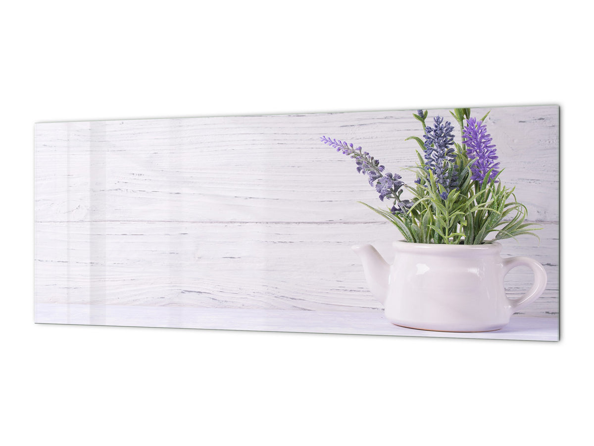 Stunning glass wall art - Wide format  backsplash with w/ & w/o stainless steel back: Flower on white background
