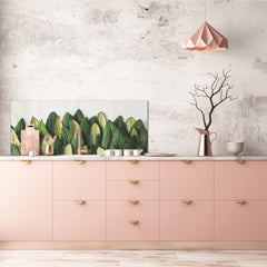 Stunning glass wall art - Wide format  backsplash with w/ & w/o stainless steel back: Treeline from leaves