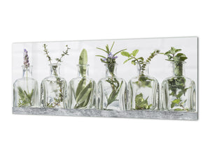 Stunning glass wall art - Wide format  backsplash with w/ & w/o stainless steel back: Bottle of essential oil herbs