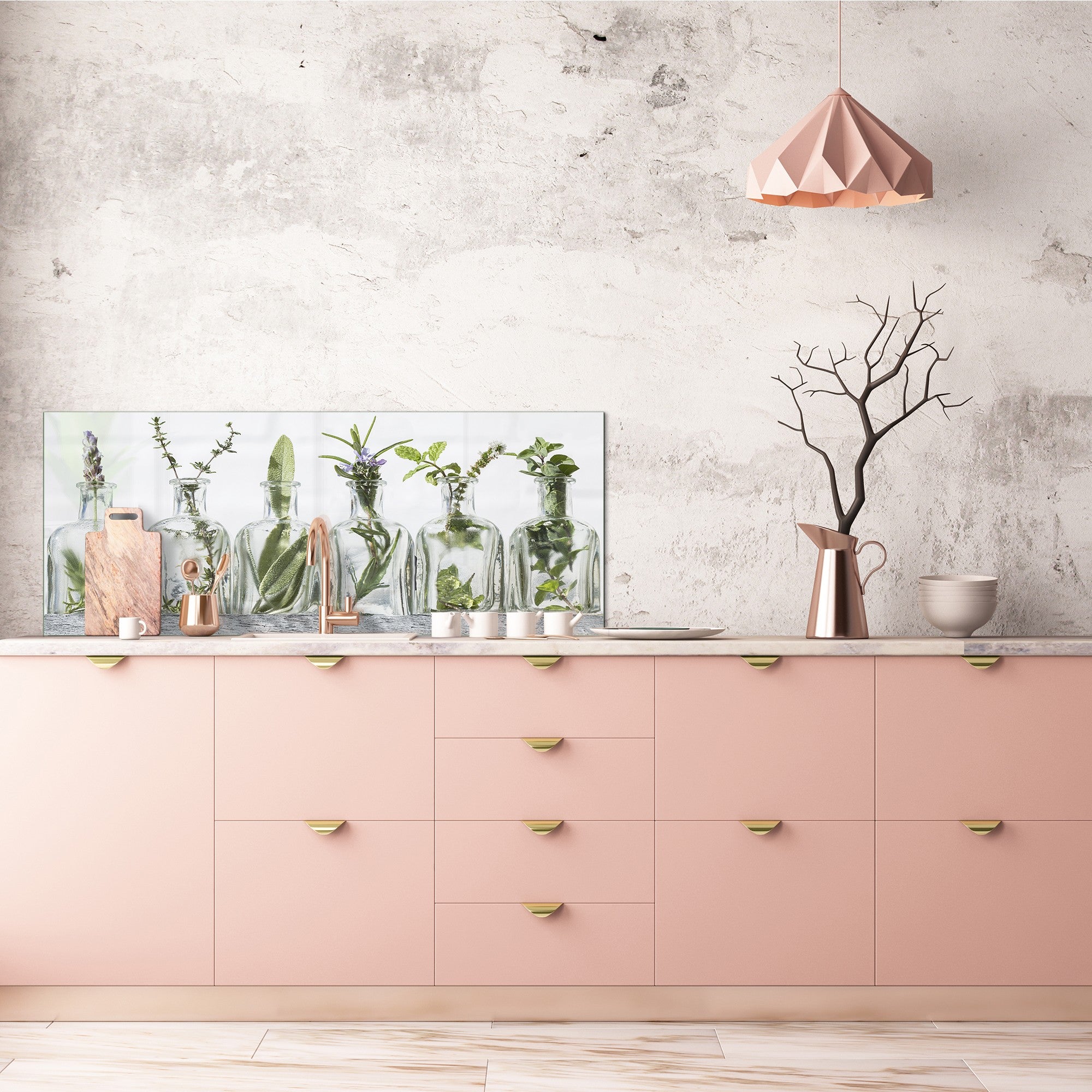 Stunning glass wall art - Wide format  backsplash with w/ & w/o stainless steel back: Bottle of essential oil herbs