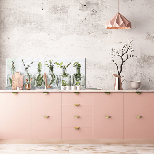 Stunning glass wall art - Wide format  backsplash with w/ & w/o stainless steel back: Bottle of essential oil herbs