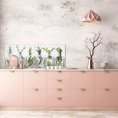 Stunning glass wall art - Wide format  backsplash with w/ & w/o stainless steel back: Bottle of essential oil herbs