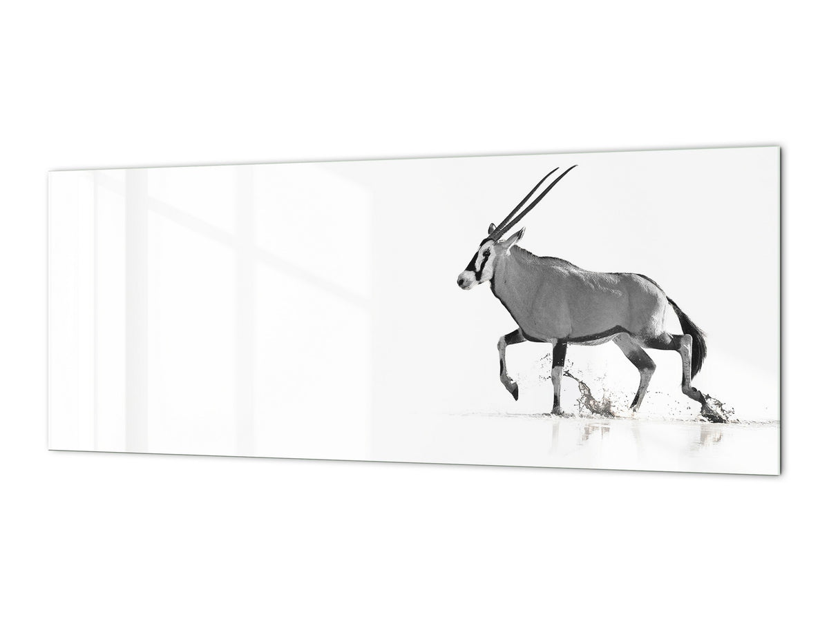 Stunning glass wall art - Wide format  backsplash with w/ & w/o stainless steel back: Black and white African life