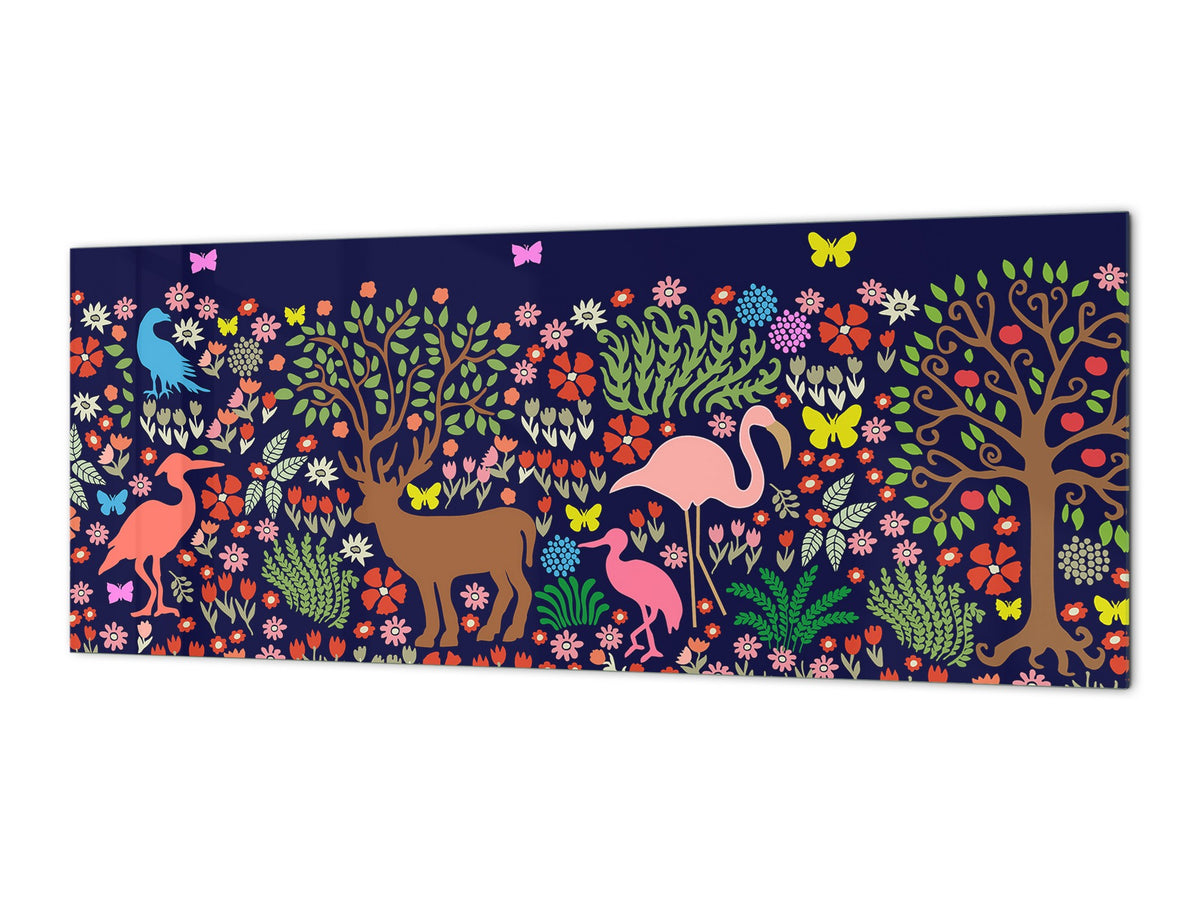 Stunning glass wall art - Wide format  backsplash with w/ & w/o stainless steel back: Fantasy animals in forest