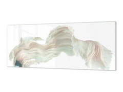 Stunning glass wall art - Wide format  backsplash with w/ & w/o stainless steel back: Half-Moon fighting fish in white