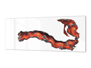 Stunning glass wall art - Wide format  backsplash with w/ & w/o stainless steel back: Half-Moon fighting fish in red