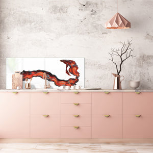Stunning glass wall art - Wide format  backsplash with w/ & w/o stainless steel back: Half-Moon fighting fish in red