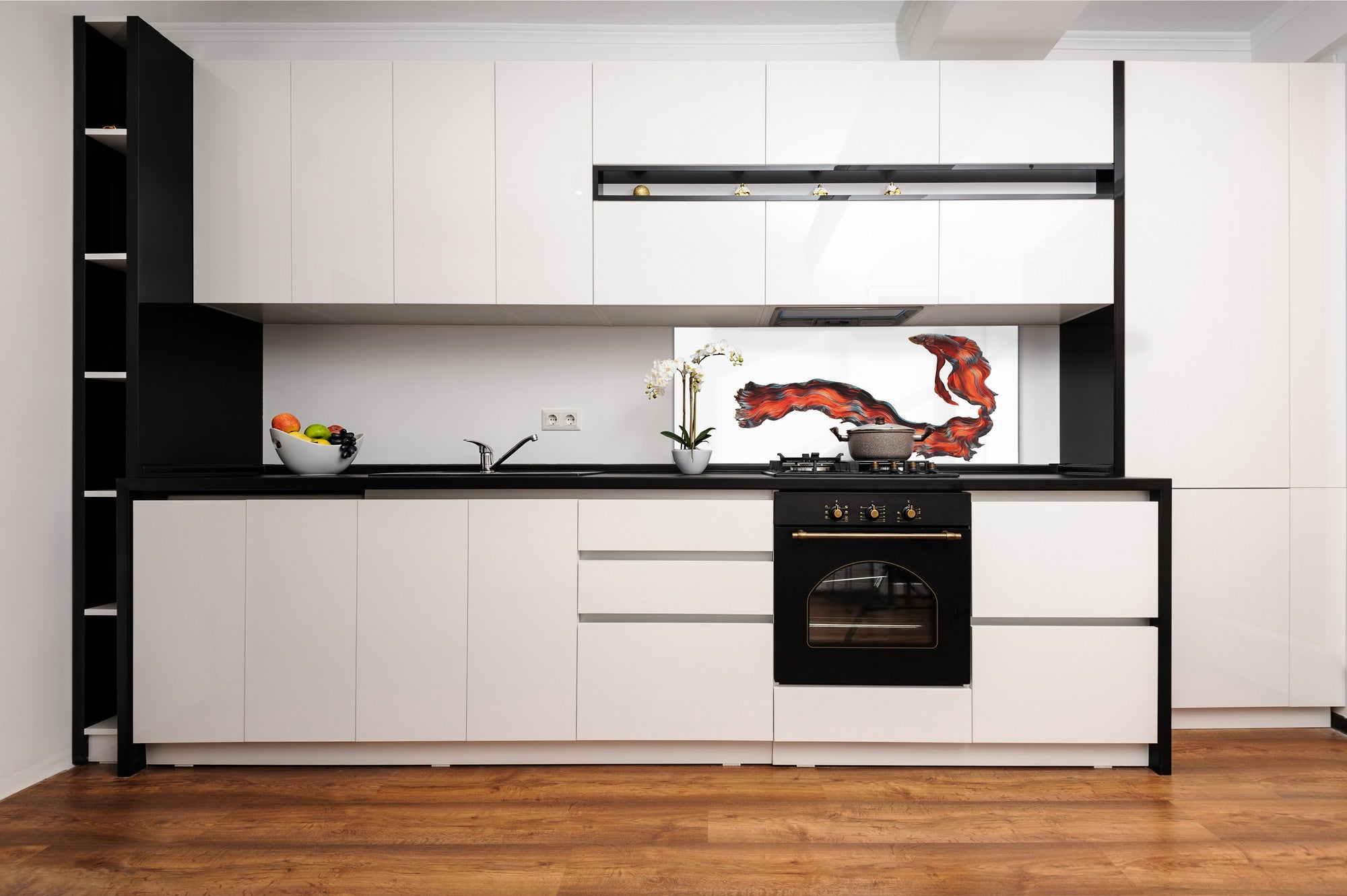 Stunning glass wall art - Wide format  backsplash with w/ & w/o stainless steel back: Half-Moon fighting fish in red