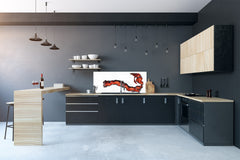 Stunning glass wall art - Wide format  backsplash with w/ & w/o stainless steel back: Half-Moon fighting fish in red