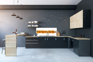 Wide-format tempered glass kitchen wall panel with metal backing - and without: Half-Moon fighting fish in orange