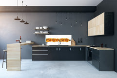 Stunning glass wall art - Wide format  backsplash with w/ & w/o stainless steel back: Half-Moon fighting fish in orange