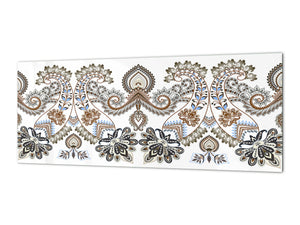 Wide-format tempered glass kitchen wall panel with metal backing - and without: Paisley in beige style
