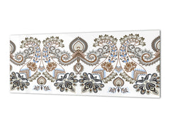Wide-format tempered glass kitchen wall panel with metal backing - and without: Paisley in beige style
