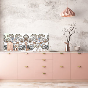 Wide-format tempered glass kitchen wall panel with metal backing - and without: Paisley in beige style
