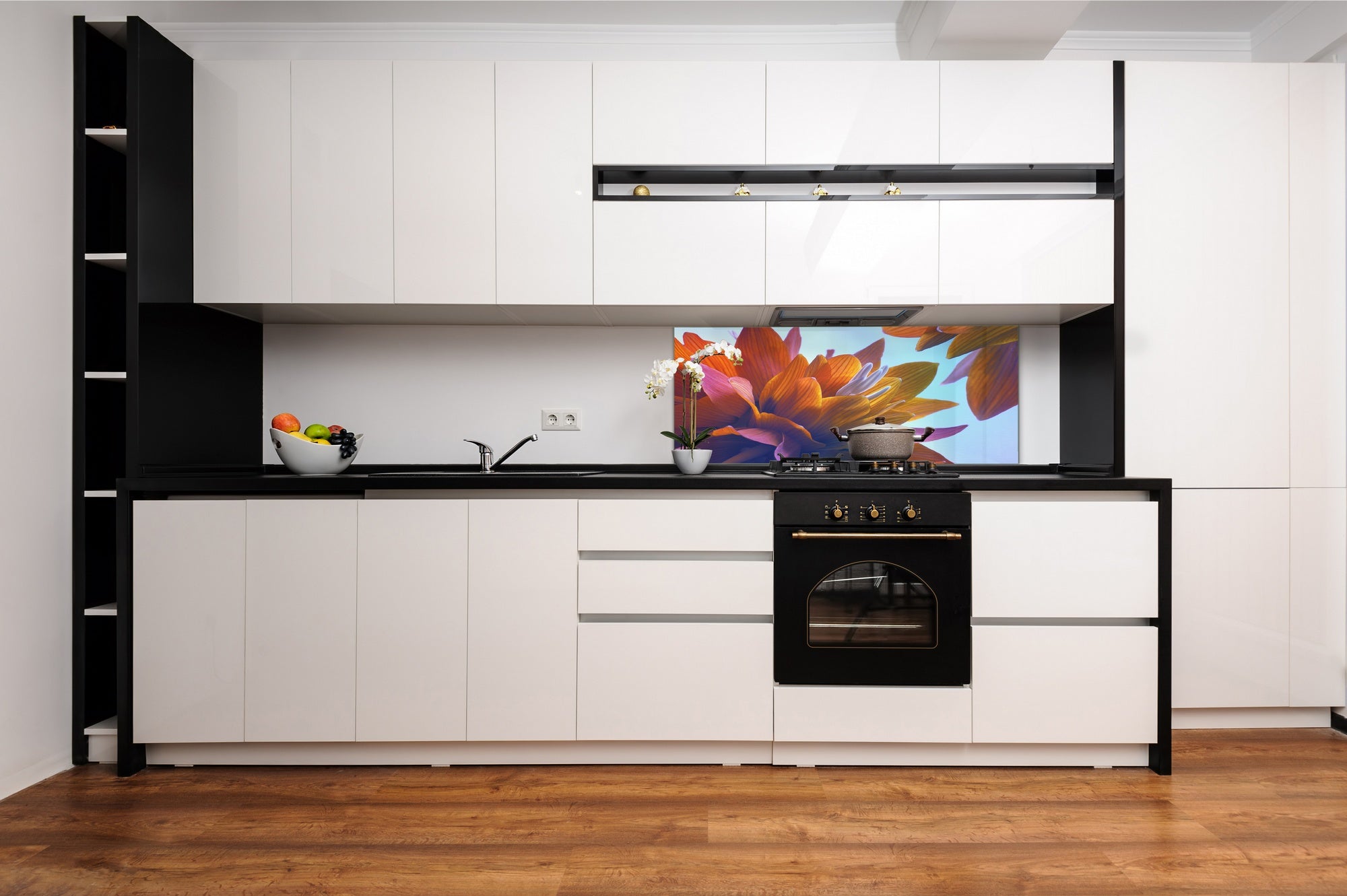 Wide-format tempered glass kitchen wall panel with metal backing - and without: Lily buds - Lotus flowers