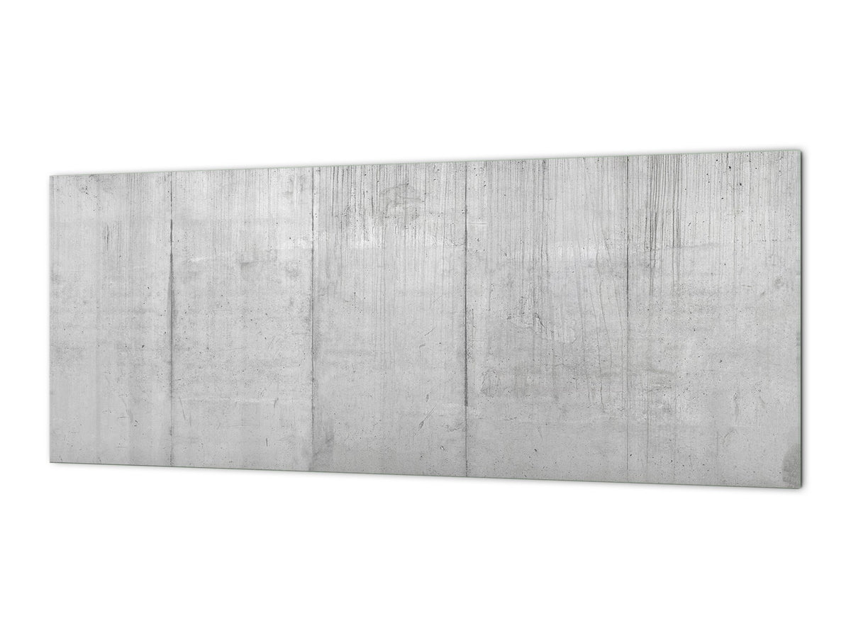 Wide-format tempered glass kitchen wall panel with metal backing - and without: Concrete wall texture