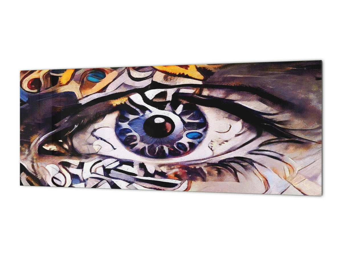 Wide-format tempered glass kitchen wall panel with metal backing - and without: Magic eye - oil on canvas