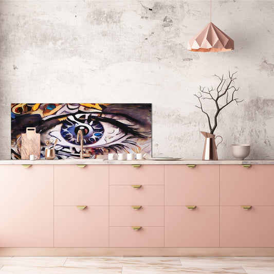Wide-format tempered glass kitchen wall panel with metal backing - and without: Magic eye - oil on canvas
