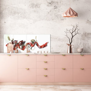Wide-format tempered glass kitchen wall panel with metal backing - and without: Half-Moon fighting fish in pink and white
