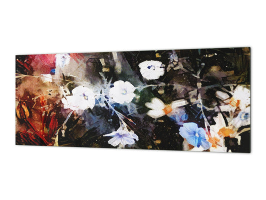 Wide-format tempered glass kitchen wall panel with metal backing - and without: Flowers in grunge abstract style