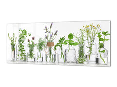 Wide-format tempered glass kitchen wall panel with metal backing - and without: Herb bottles on white