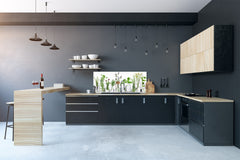 Wide-format tempered glass kitchen wall panel with metal backing - and without: Herb bottles on white