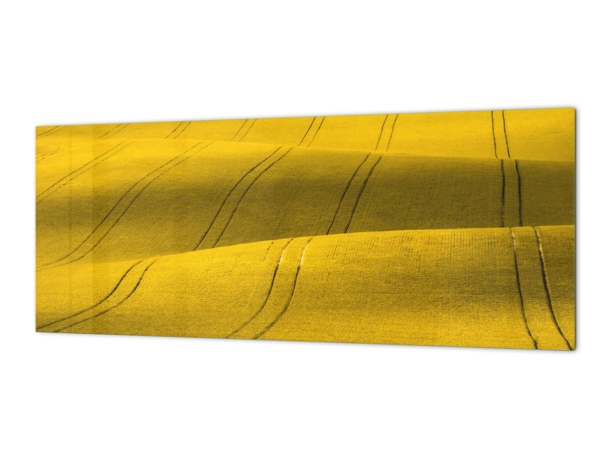 Wide-format tempered glass kitchen wall panel with metal backing - and without: Wavy fields in spring