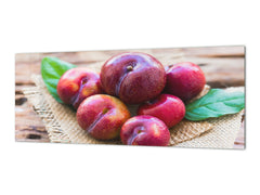 Wide-format tempered glass kitchen wall panel with metal backing - and without: Plums in pyramid