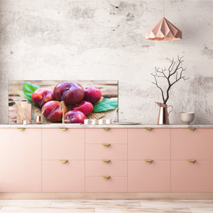 Wide-format tempered glass kitchen wall panel with metal backing - and without: Plums in pyramid
