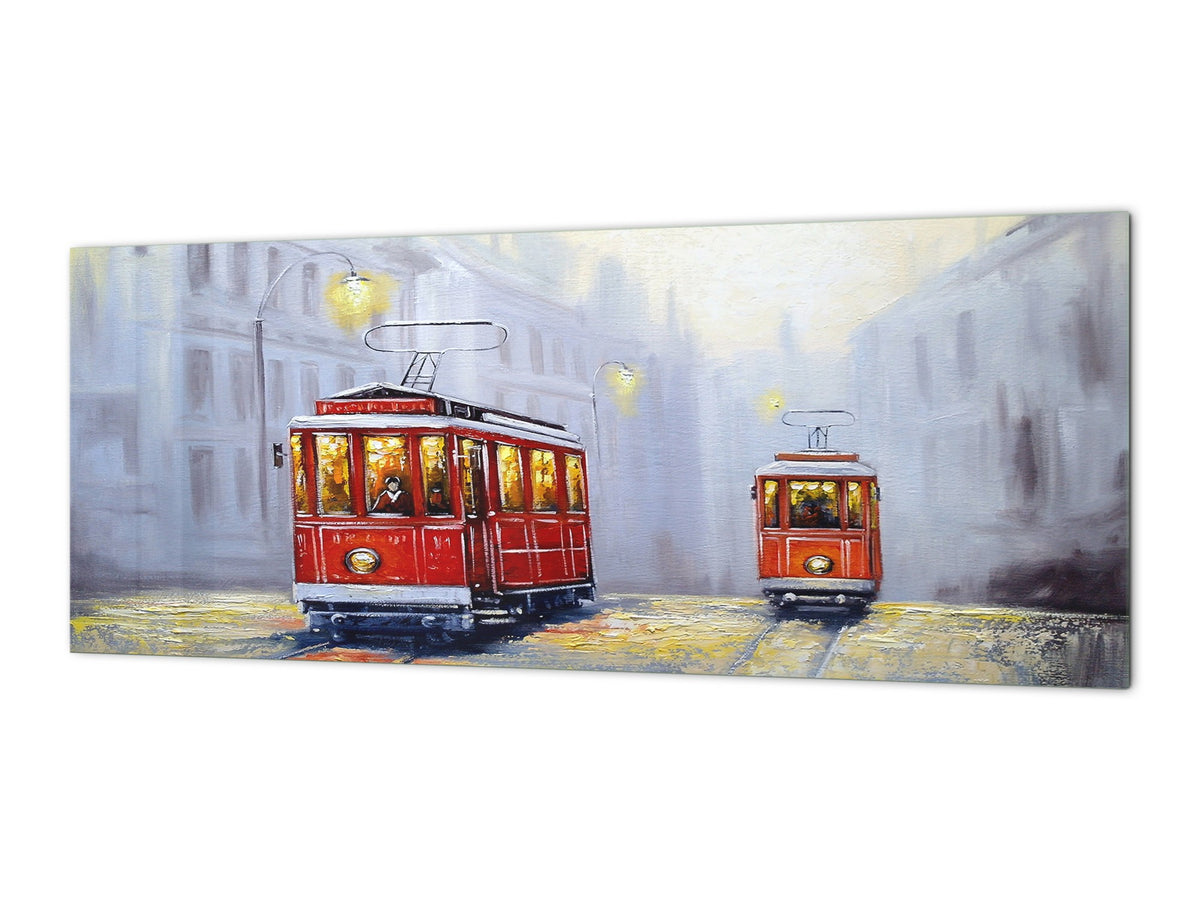 Wide-format tempered glass kitchen wall panel with metal backing - and without: Tram in Lisbon
