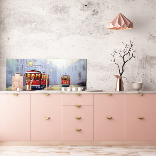 Wide-format tempered glass kitchen wall panel with metal backing - and without: Tram in Lisbon