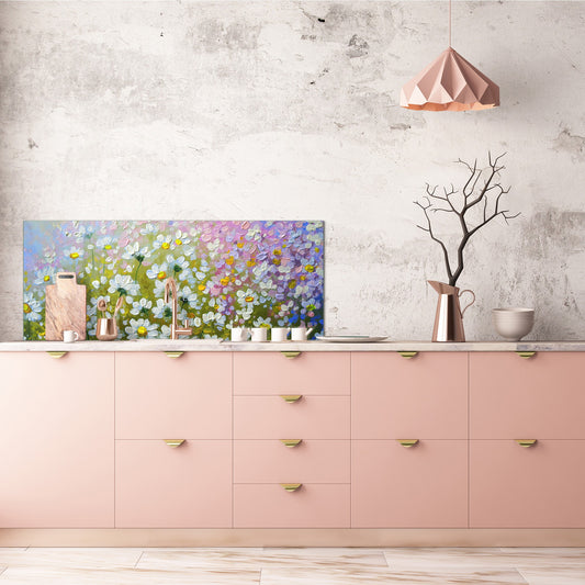 Breitformatige Wandtafel mit magnetischer und nicht magnetischer Metallblechrückseite: Frische Blumen, Öl auf Leinwand 