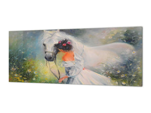 Wide format Wall panel with magnetic and non-magnetic metal sheet backing: Girl with a horse Oil on canvas