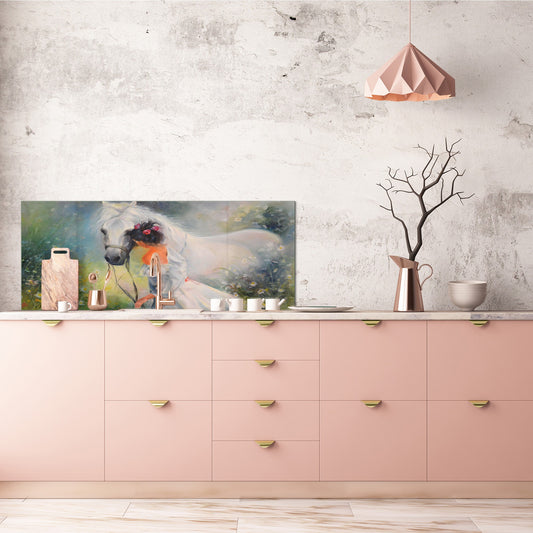 Wide format Wall panel with magnetic and non-magnetic metal sheet backing: Girl with a horse Oil on canvas