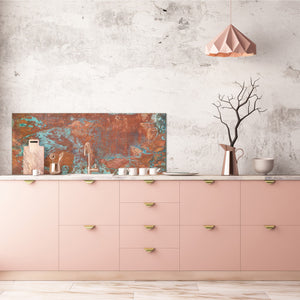 Wide format Wall panel with magnetic and non-magnetic metal sheet backing: Copper with green oxidation