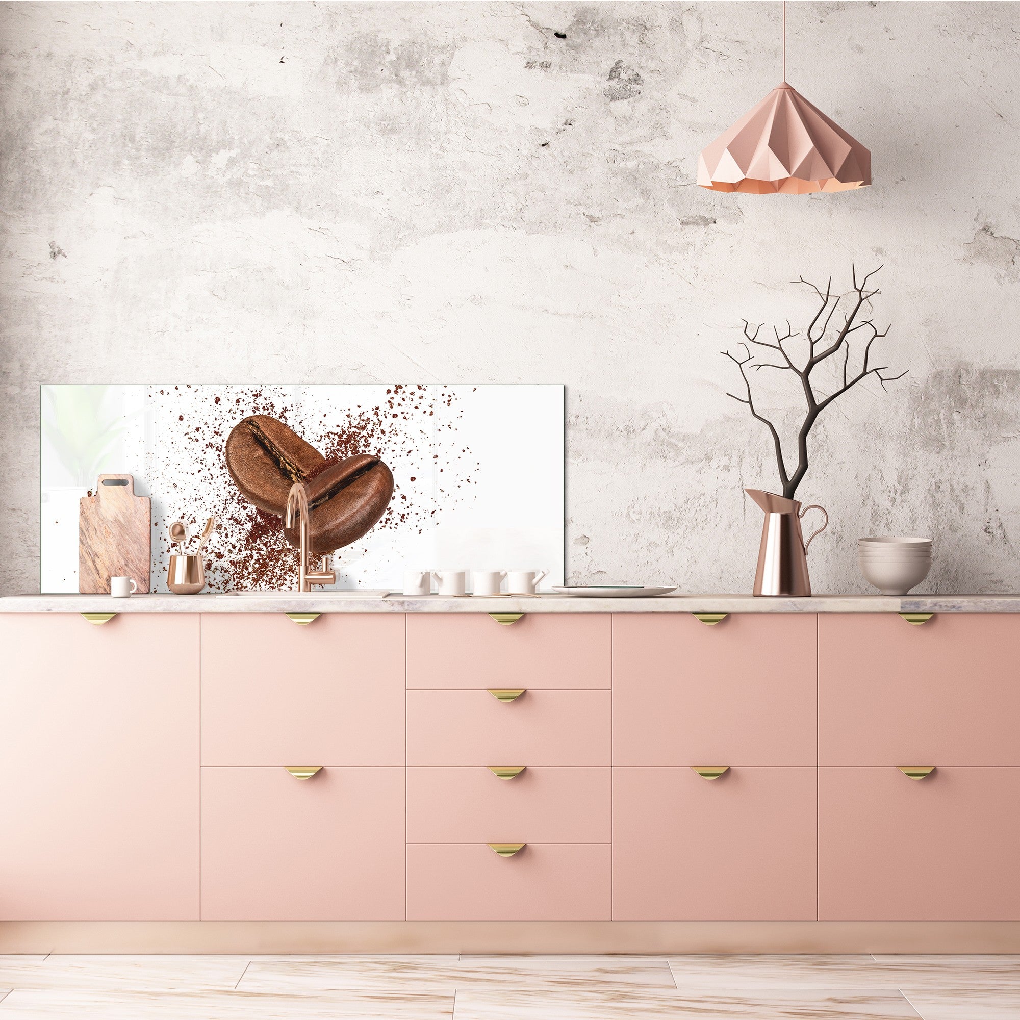 Toughened printed glass backsplash - Wide format steel coated wall glass backsplash: Coffee grains