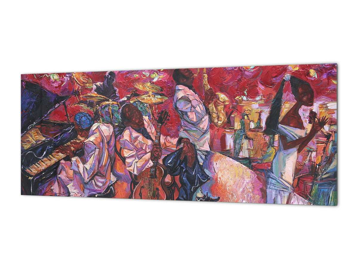 Toughened printed glass backsplash - Wide format steel coated wall glass backsplash: Jazz club series