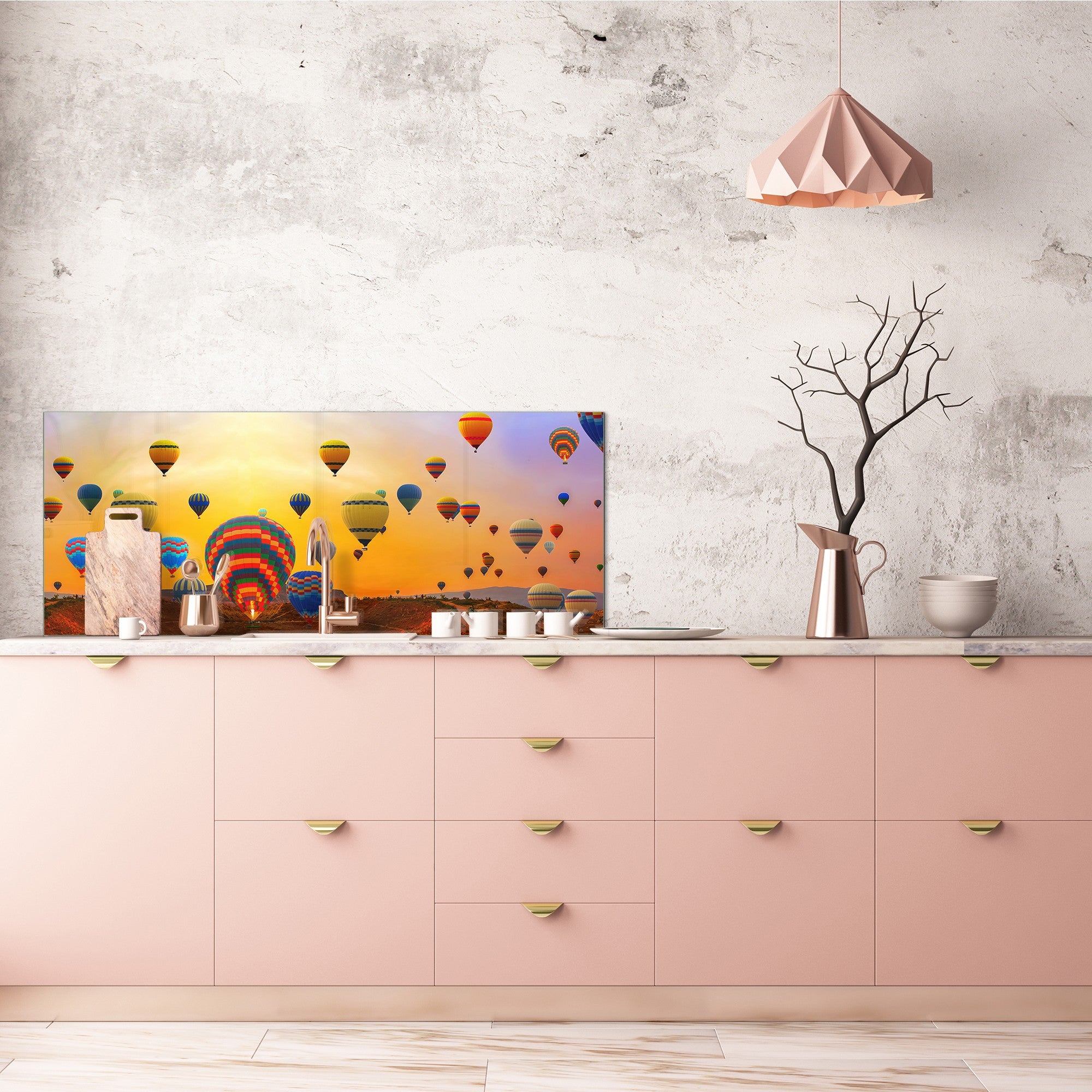 Toughened printed glass backsplash - Wide format steel coated wall glass backsplash: Hot air balloons festival