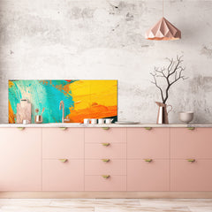 Toughened printed glass backsplash - Wide format steel coated wall glass backsplash: Abstract oil art